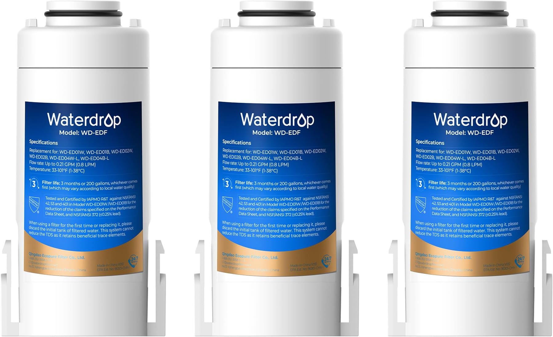 Waterdrop WD-EDF Replacement Filters for Waterdrop Instant Water Filter Jug, WD-ED01, WD-ED02, WD-ED04, Last Up to 3 Months or 757 litres (Pack of 3)