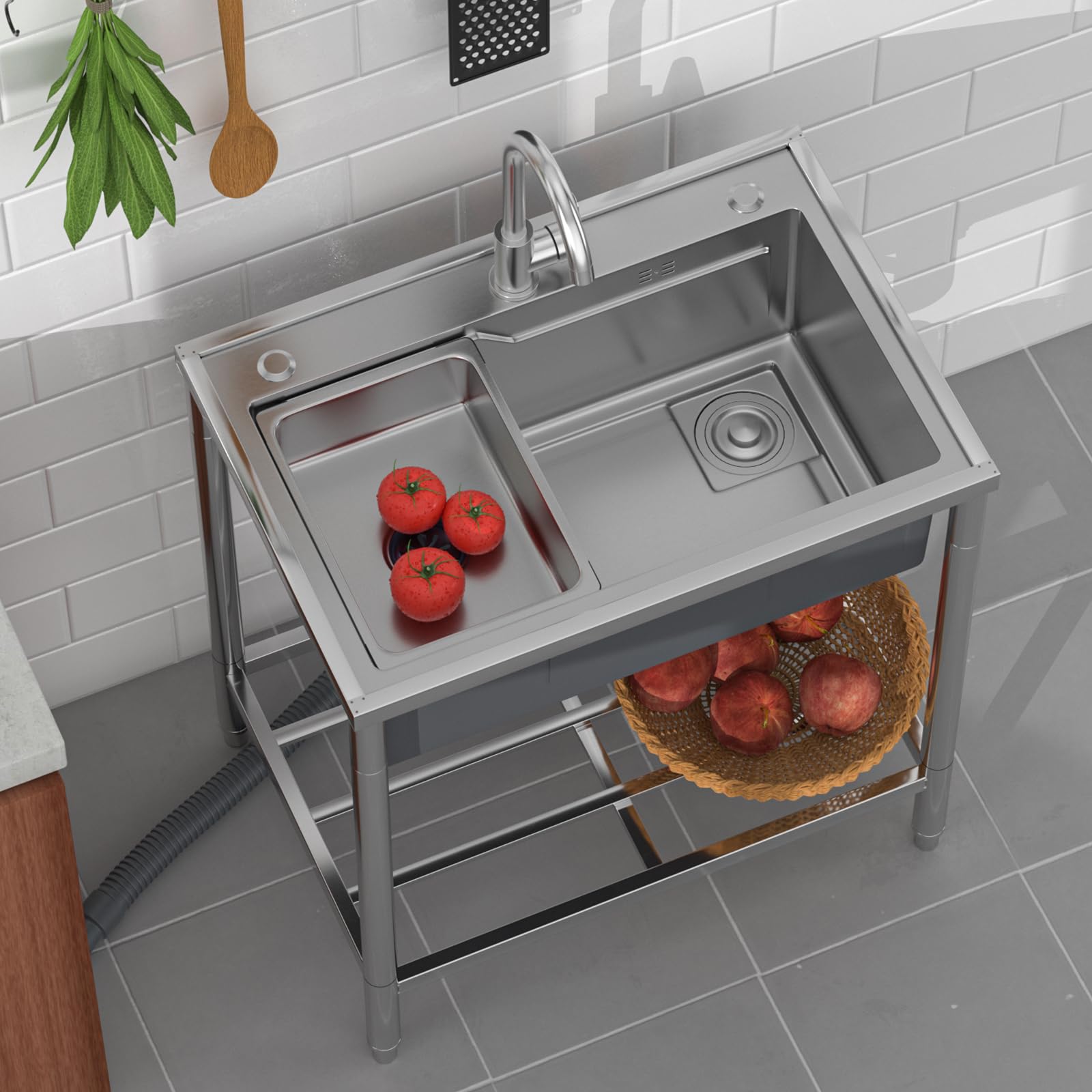 Fregadero de cocina comercial de acero inoxidable de un solo tazón independiente con grifo frío y caliente para lavandería, bar, restaurante
