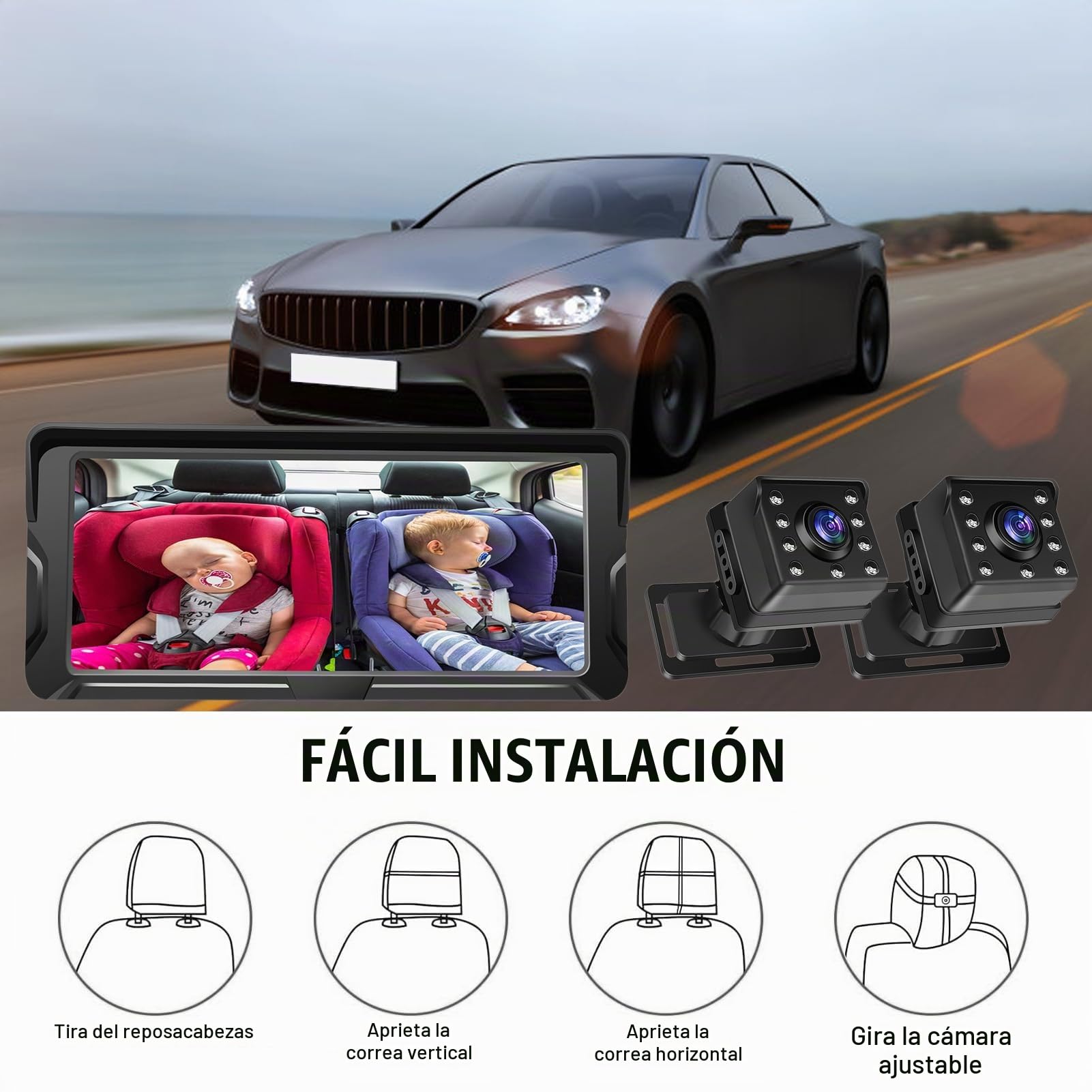 Shkalacar Camara Vigilancia Bebe Dual Canal de 6.8 Pulgadas 1080p con Visión Nocturna IR y ángulo de Visión de 150 ° de Ancho, Espejo Coche Bebe Rotativo para la Cara Trasera