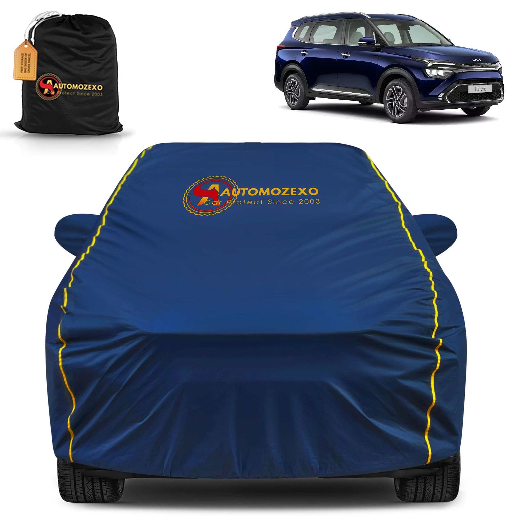 Kia Carens 100% Waterproof Car Cover (Midnight Blue) 6LYR HDPE 200gsm Strong Fabric for All Weather Protection, Mirror Pocket, Cotton Layer Cover, Adjustable Elastic Straps