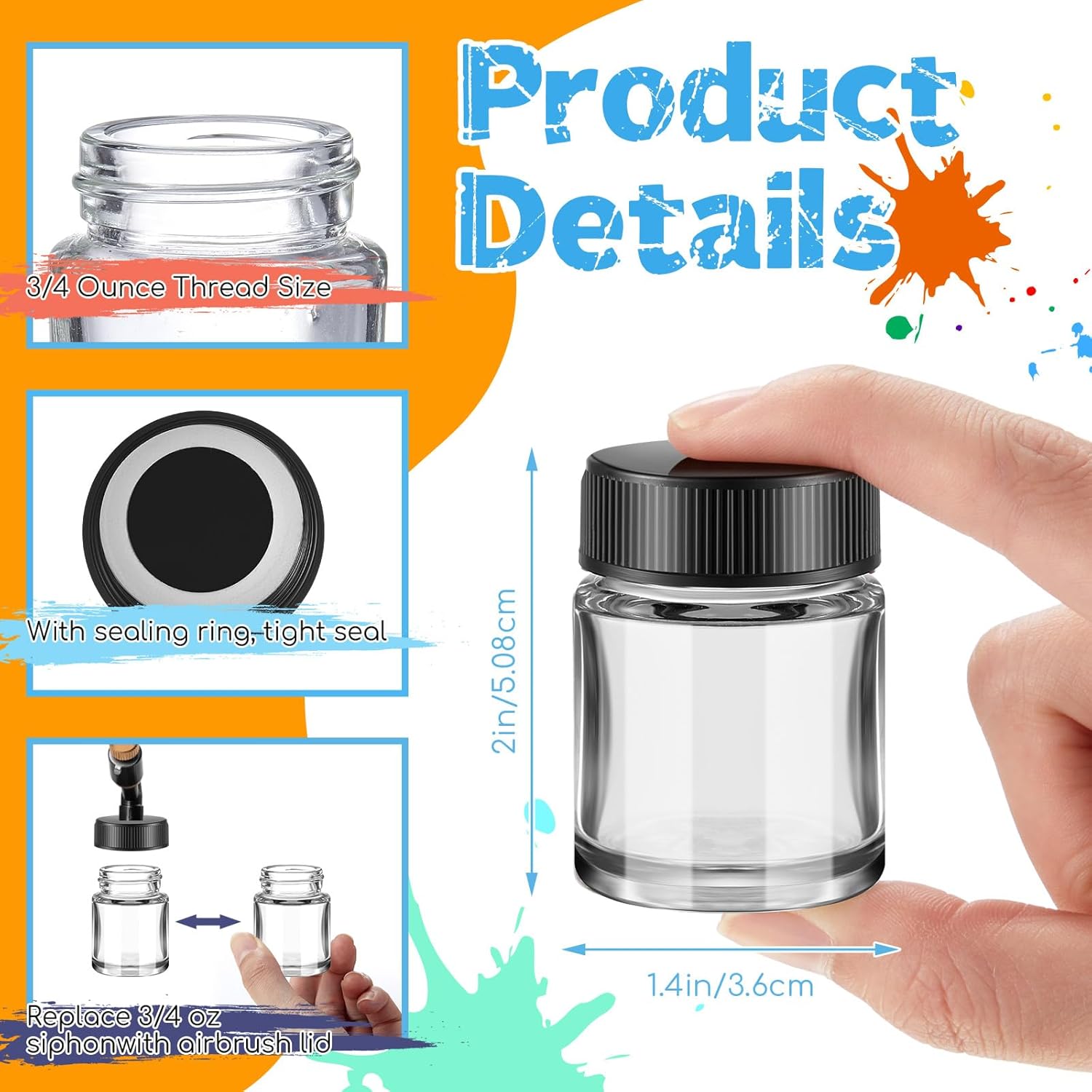 24 Pack Airbrush Glass Jar Bottles 3/4 Ounce (22cc) Empty Replacement Jars with Plastic Lids Paint Storage Bottles for Pigment Screw into Siphon Feed Airbrush Lid Adaptor Assemblies
