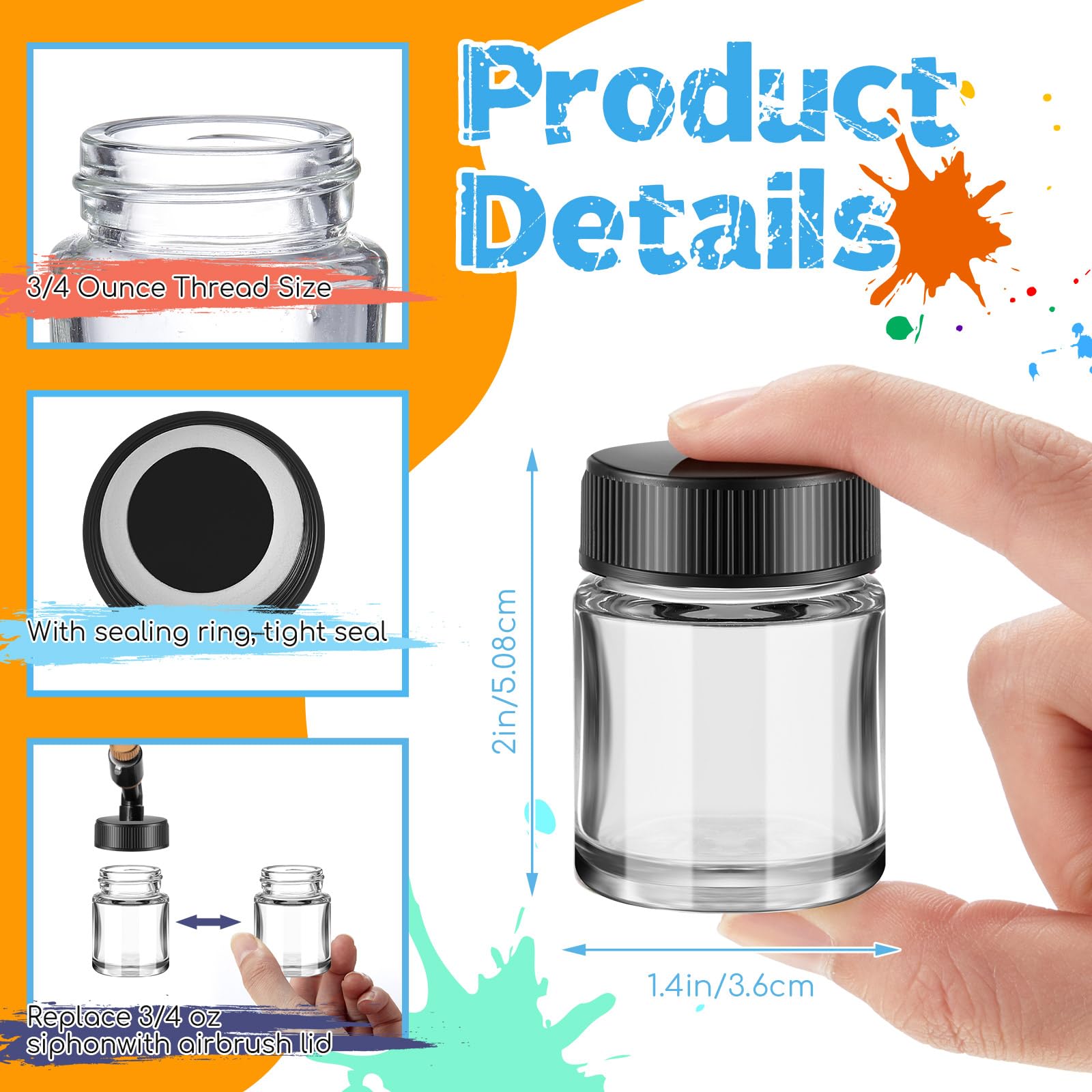 Teenyyou 24 Pack Airbrush Glass Jar Bottles 3/4 Ounce (22cc) Empty Replacement Jars with Plastic Lids Airbrush Paint Storage Bottles for Pigment Screw Into Siphon Feed Airbrush Lid Adaptor Assemblies
