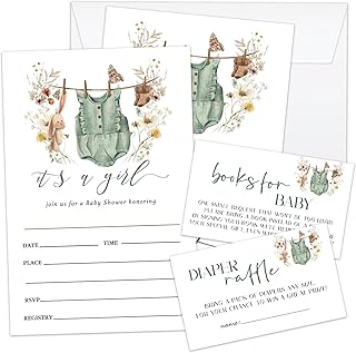 Set Of 25 Baby Shower Invitations Set, Boho Baby Gender Reveal Party Invites for Girls, Invitation Cards With Envelopes Including Book Request Card & Diaper Raffle Tickets -012