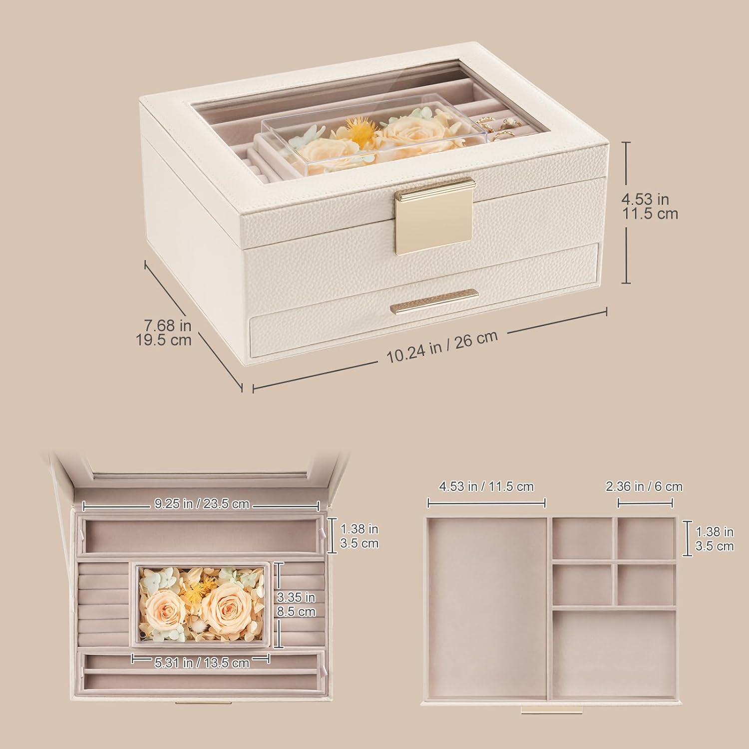 Lolalet Jewelry Organizer with Glass Lid, 2-Layer Jewelry Box Case with Drawer, Valentine's Day Gift for Women Mom Wife Earrings Watch Ring Display Storage -Beige - Image 9