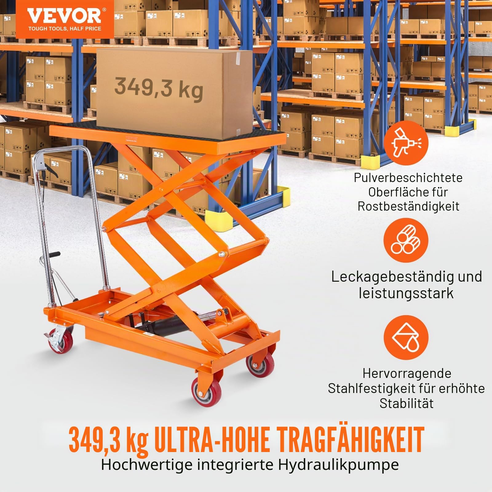 VEVOR hydraulischer Hubtischwagen, 1760 lbs Kapazität, 59" Hubhöhe, manueller Doppelscherenhubtisch mit 4 Rädern und rutschfester Unterlage, hydraulischer Scherenwagen für Materialhandhabung und Trans