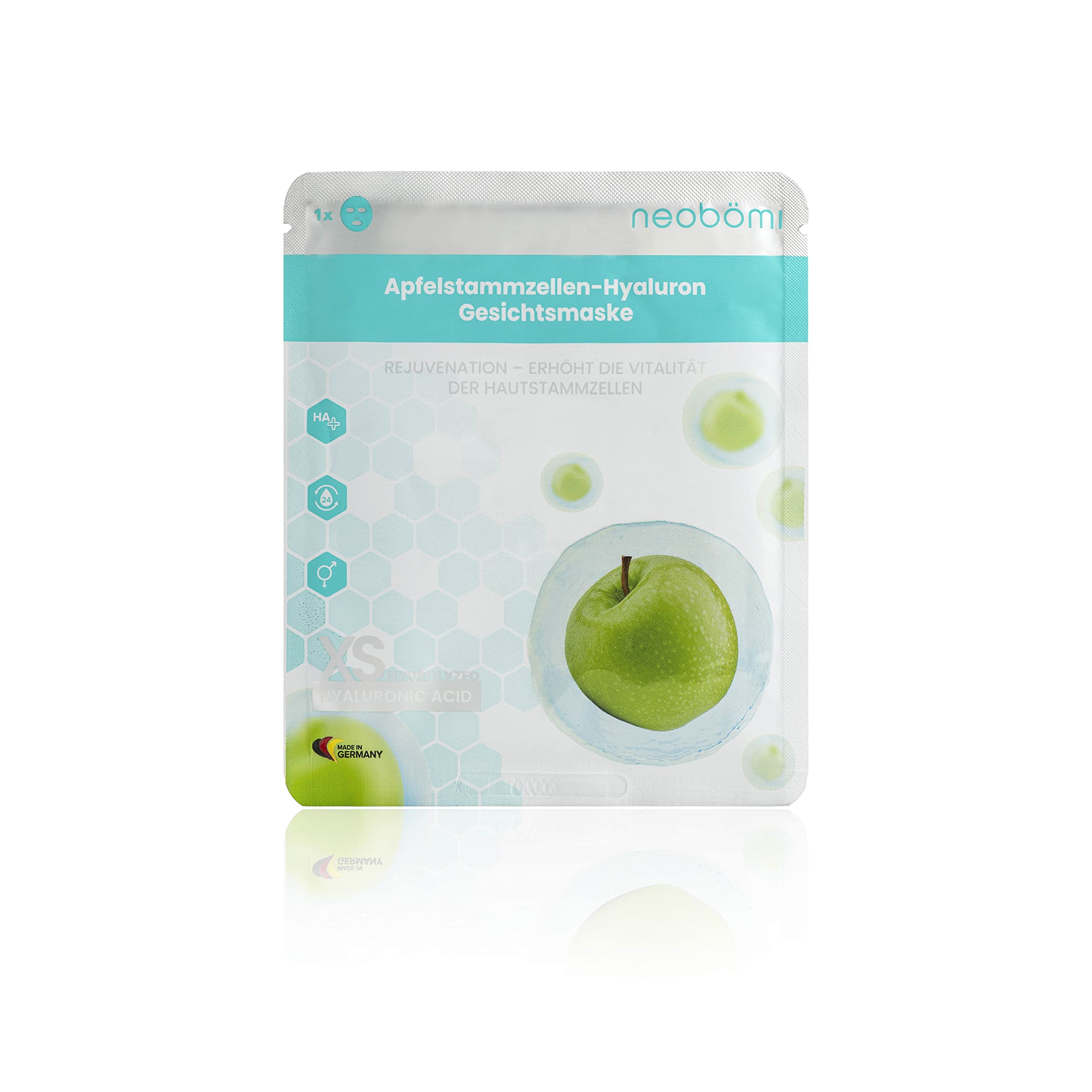 Máscara facial hialurónica, ácido hialurónico hidrolizado, alta dosis con células madre de manzana de Neobömi®, antienvejecimiento, perfecto cuidado facial