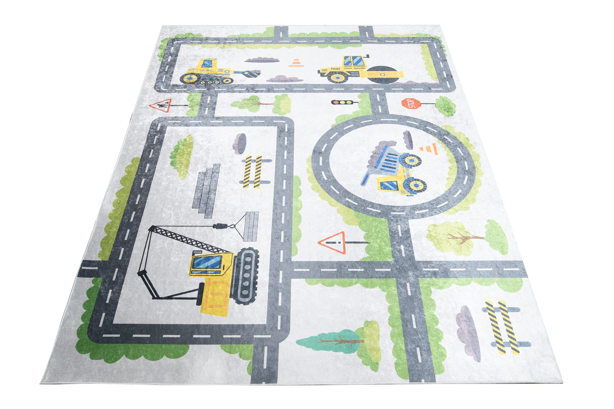 TAPISO Emma Teppich Waschbar bei 30 Grad Bunt Straße Verkehr Baustelle bedruckter Kinderteppich Antirutsch Kinderzimmer Jugendzimmer Modern ÖKO-TEX 140 x 200 cm