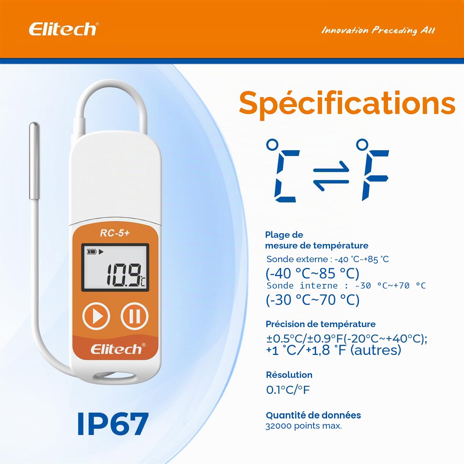 Elitech RC-5+ TE Mini Enregistreur de Données de Température USB avec Sonde Externe, Haute Précision 32000 Points de Capacité d'enregistrement Export PDF Auto