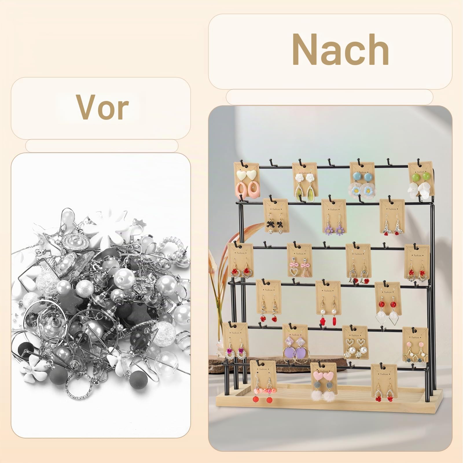 Ohrring-Display für Händler, 6 Etagen, 42 Haken, Holz, Ohrring-Präsentationsständer für Ohrringe, Halsketten, Ringe, Armbänder, Schlüsselanhänger (Schwarz)