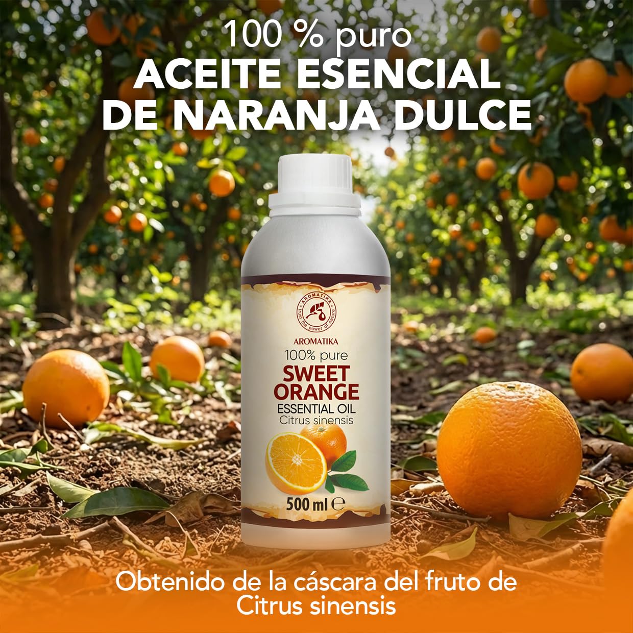 Aceite Esencial de Naranja Dulce 500 ml - Citrus Sinensis - Natural y Puro - Aceite de Naranja para Difusores - Fragancias para el Hogar - Jabones y Velas - Sauna - Aroma Cítrico - Aromaterapia