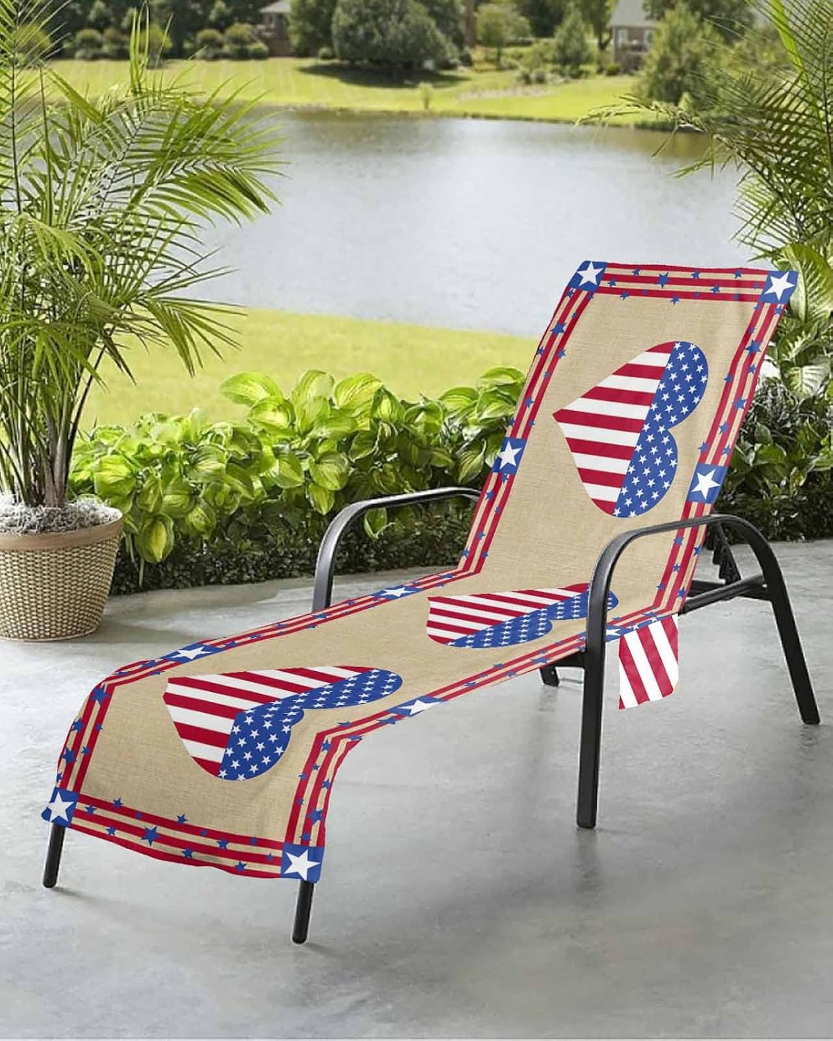 Red Blue Love Beach Pool Patio Lounge Chaise Chair Cover Towel With Pockets,Absorbent & Quick Dry Microfiber Towel Cover Bag Summer Accessories for Sunbathing Independence Day Patriotic 4th-of-July