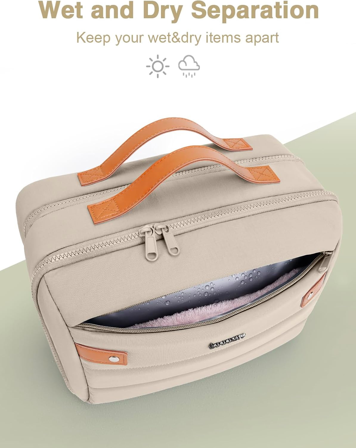 Women's Hanging Toiletry Bag, Waterproof Travel Cosmetic Organizer with Jewelry Storage, Large Capacity Makeup Case for Full-Size Skincare & Bathroom Essentials, Portable Cosmetic kit, Khaki - Image 5