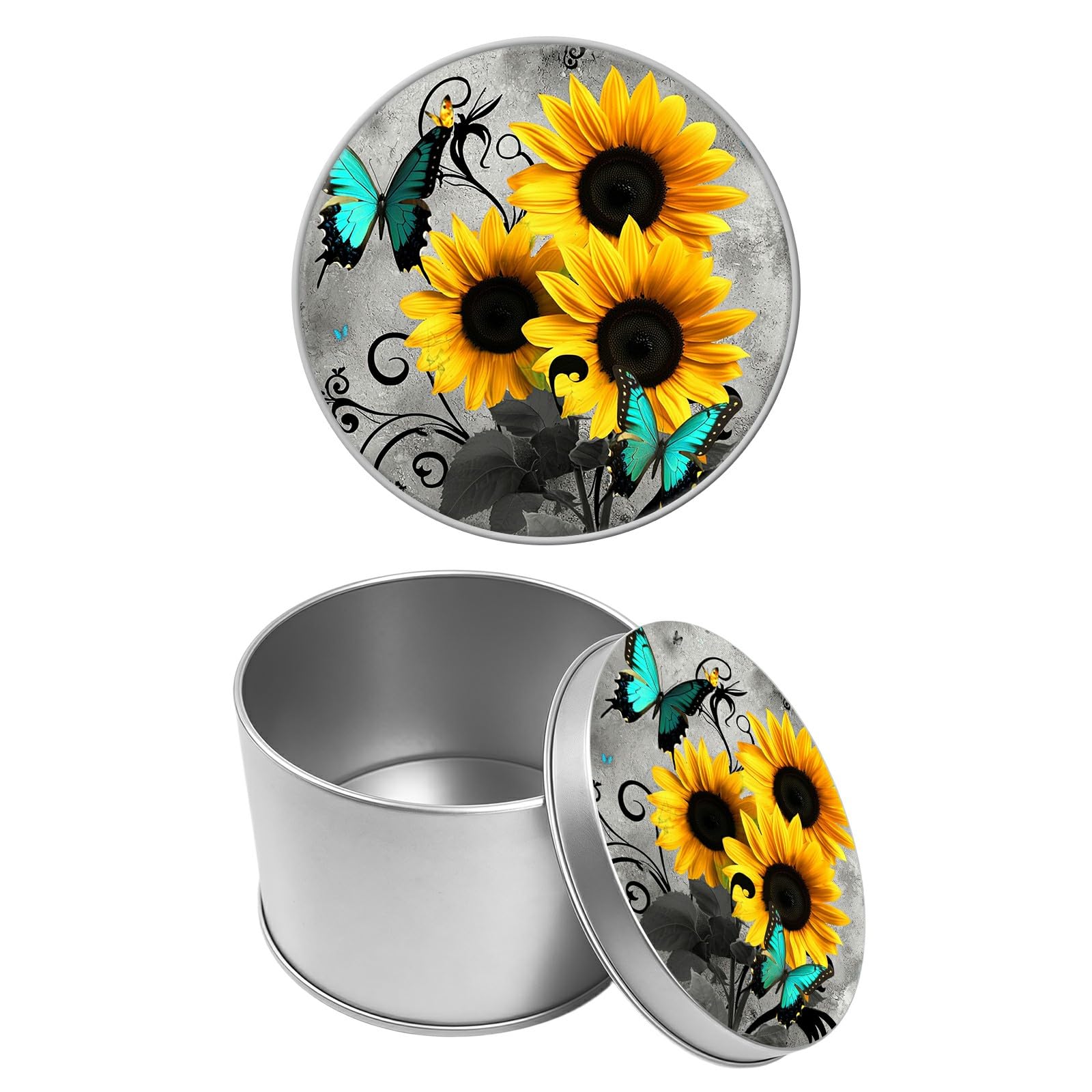 Round Metal Tin Container with Removable Lid, Sunflower Butterfly Durable Metal Storage Box for Cookies Spices Tea Candies Cakes Jewelry Cosmetics 3.54 x 2.36 inch– Single Pack