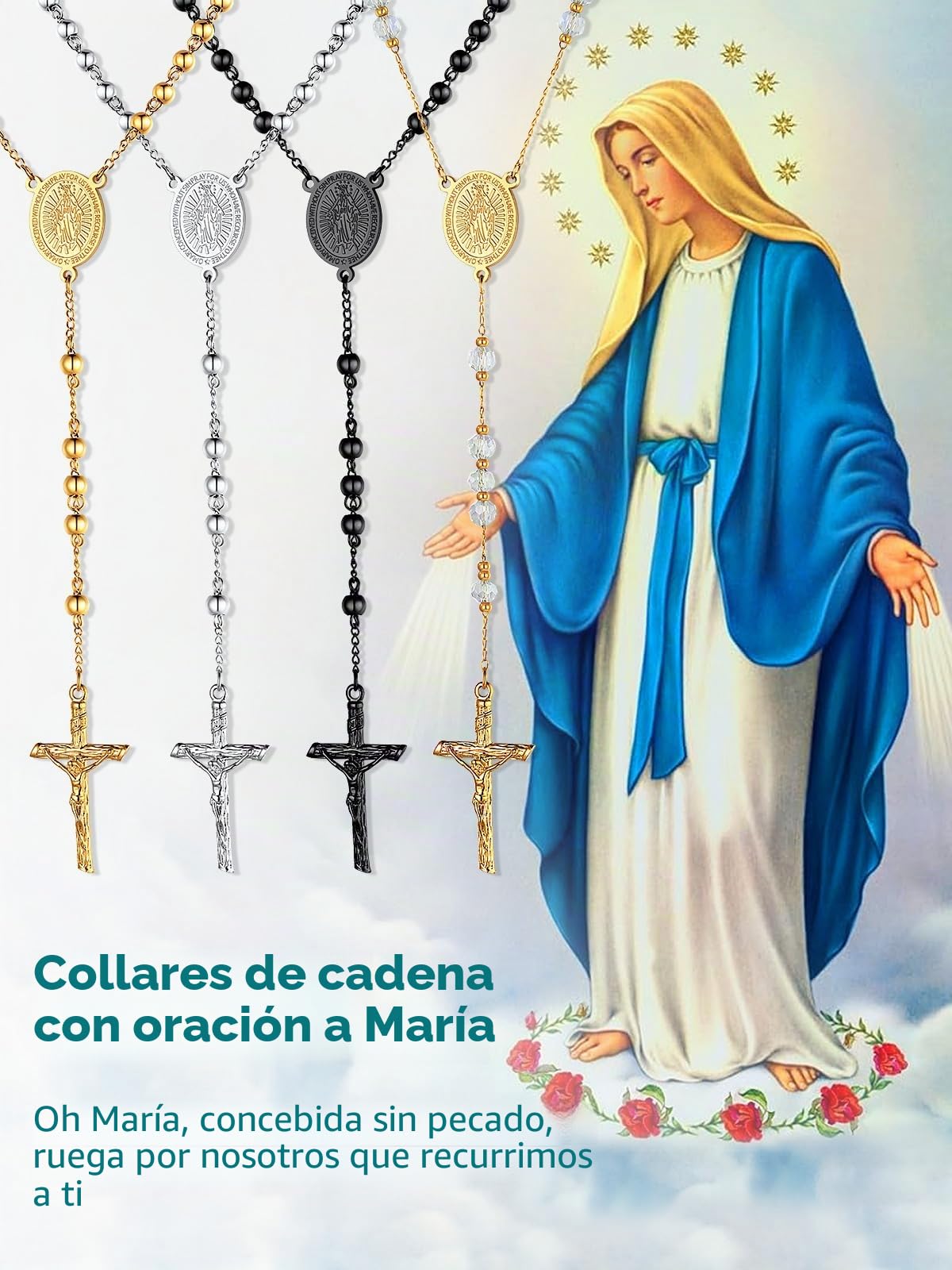 Supcare Collar Rosario Católico Hombre Mujer Collar Cristiano Acero Inoxidable 316L con Medallas Virgen María, San Cristóbal y San Miguel, Cadena Rosario para Rezo, Colgar en Coche y Uso Diario