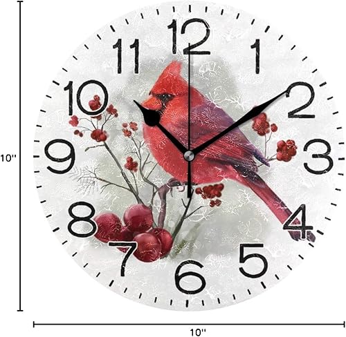 Miniatura 8 de Reloj de pared cardenal de pájaro rojo de invierno, funciona con pilas, sin tictac, de cuarzo silencioso, analógico, rústico, rústico, redondo,