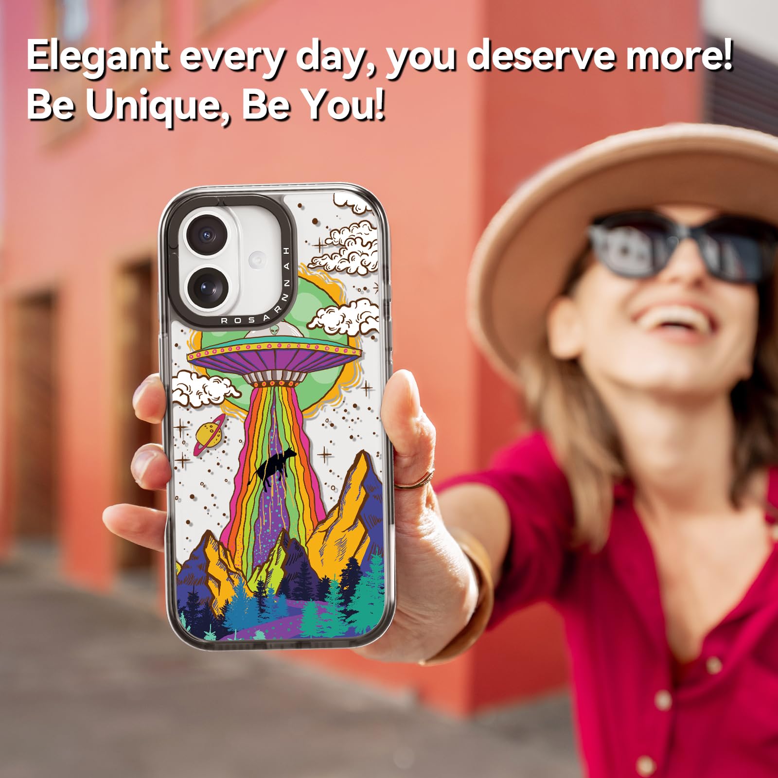 Rosarnnah 17BS - Funda compatible con iPhone – Funda duradera a prueba de golpes de impacto de caída de 6.5 pies – Negro divertido diseño OVNI para iPhone (6.1 pulgadas)