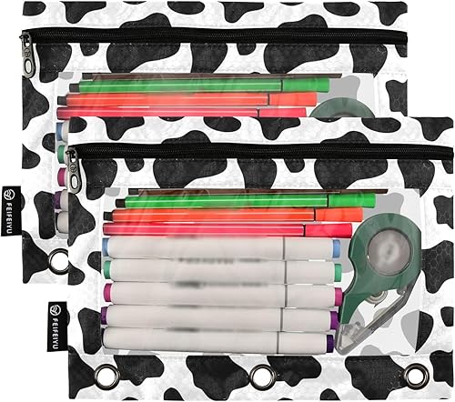 Miniatura 2 de ALAZA Estuche para lápices personalizado con tu nombre para carpeta de 3 anillas, carpetas con estampado de vaca en blanco y negro, bolsas de