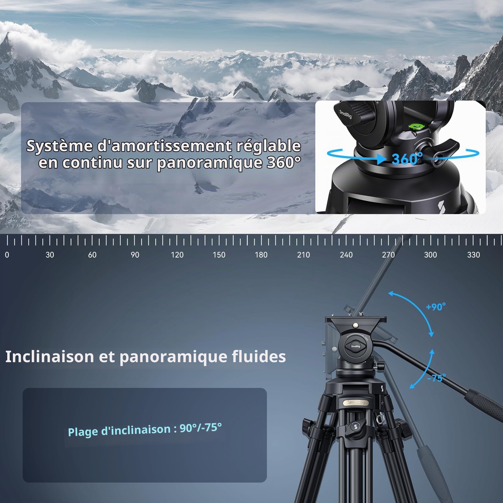 SMALLRIG Trépied Vidéo Léger avec Tête Fluide à 360°, 158cm Camera Tripod en Alliage d'Aluminium avec Plaque QR, Cordon de Serrage à Action Rapide Monté au Centre, Charge Jusqu'à 5kg, AD-50Lite - 4684