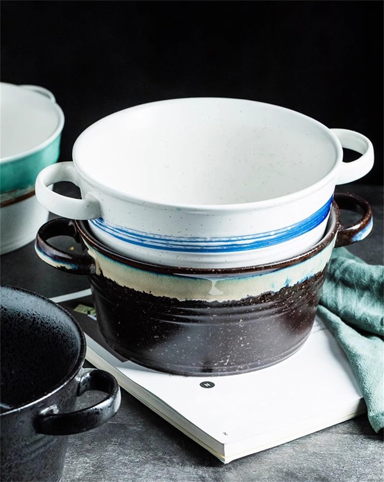 Suppenschüsseln im japanischen Stil mit Griffen | 1700 ml/57,4 Unzen | Braun glasierte französische Zwiebelsuppenschüssel | Stapelbare Servierschalen for Eintopf, Pasta | spülmaschinen- und ofenfest