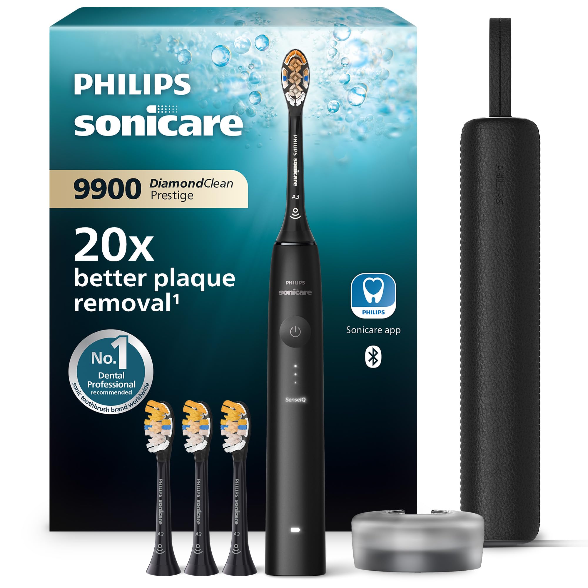 Philips Sonicare DiamondClean 9900 Prestige- Spazzolino elettrico con tecnologia SenseIQ e app, 5 modalità di pulizia, 3 livelli di intensità, custodia da viaggio per la ricarica, nero, HX9992/43