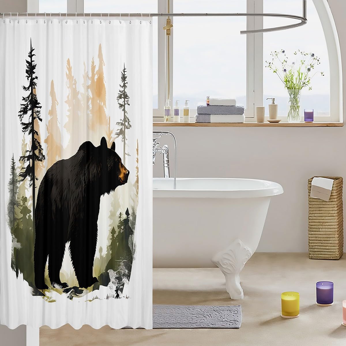 Erosebridal Black Bear Bathroom Shower Curtain Sets Wild Woodland Animal Shower Curtain Bear Hunting Theme Bathroom Accessories Rustic Farmhouse 3D Bath Decor 72" Wx78 L