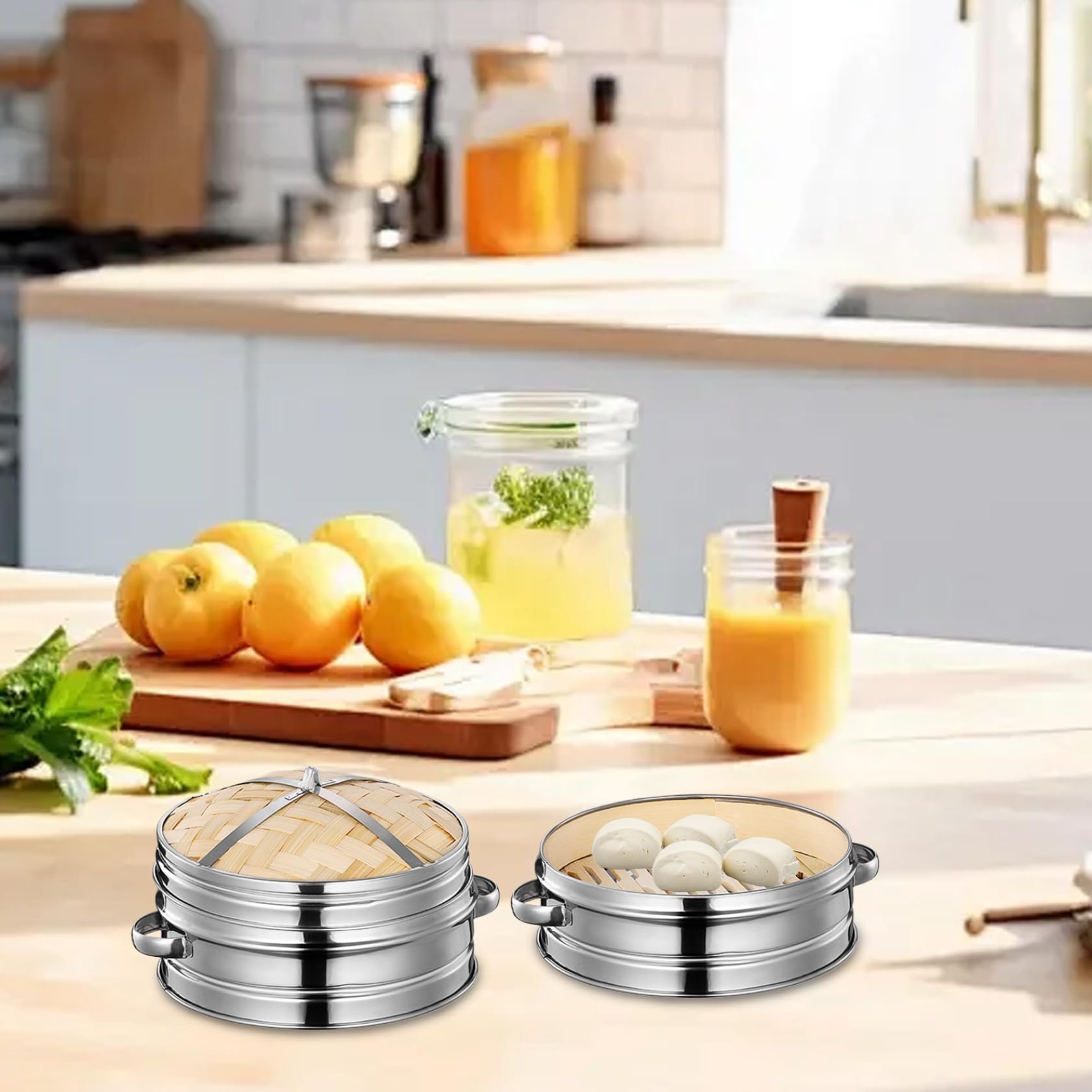 Panier Bambou 2 Niveaux 20 Cm Avec Couvercle – Cuisson Vapeur Dim Sum, Petits Pains, Légumes Sain Et Naturel