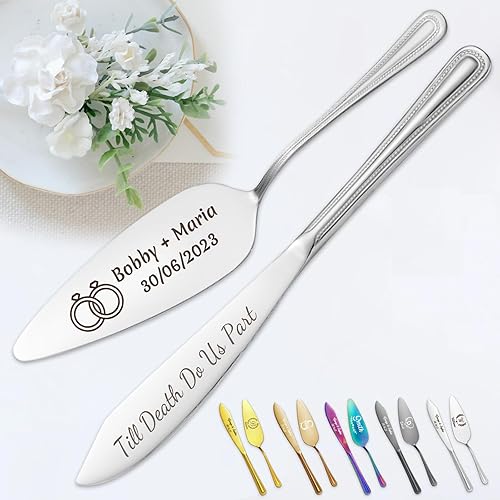 Juego personalizado de corte de pasteles para boda, servidor de pastel de boda grabado gratis, cuchillo de pastel de acero inoxidable y juego de