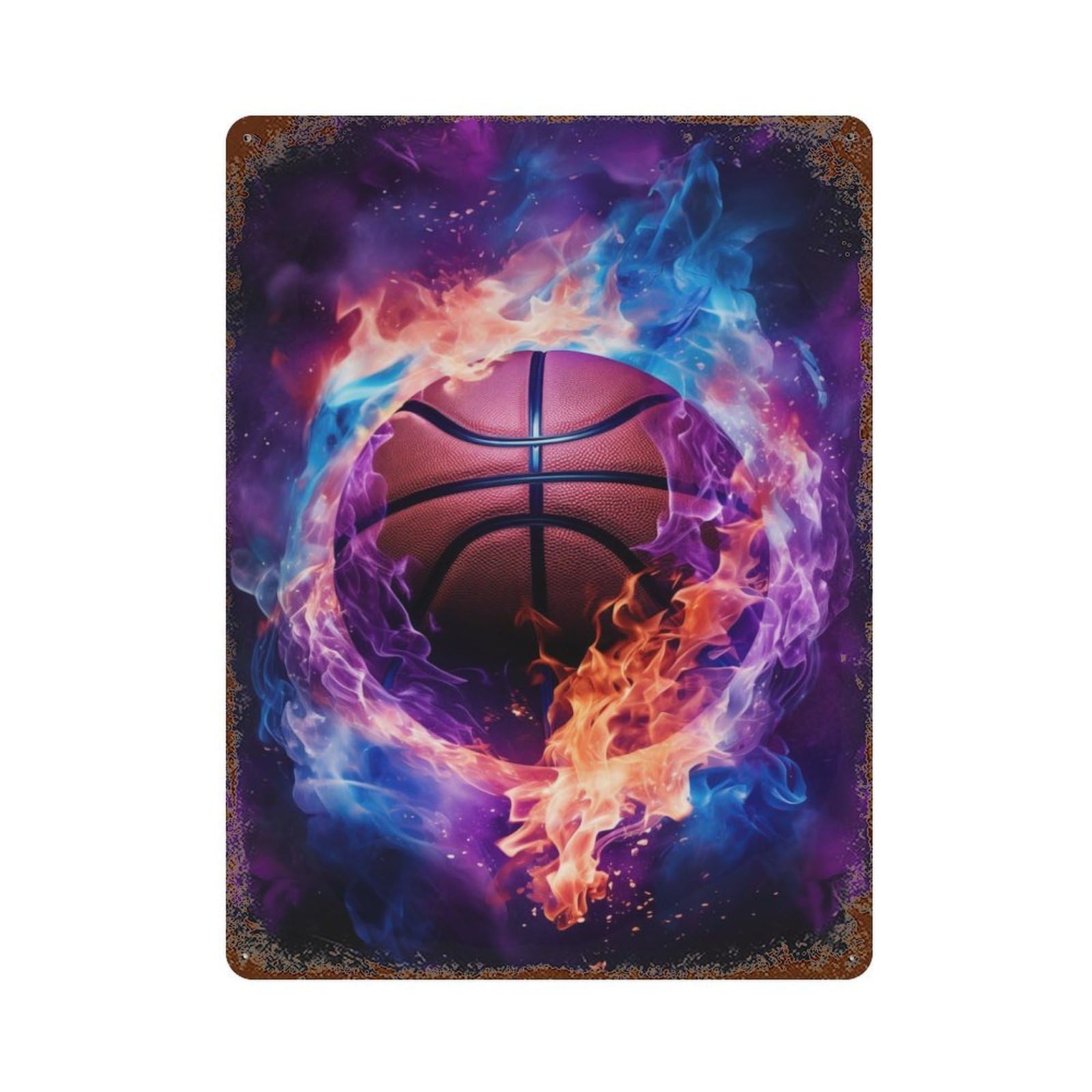 Flame Engulfed Basketball Rusty Metal Tin Sign 15.7"x11.8", for Farmhouse, Kitchen And Entryway Decor, Rustic Home Decor