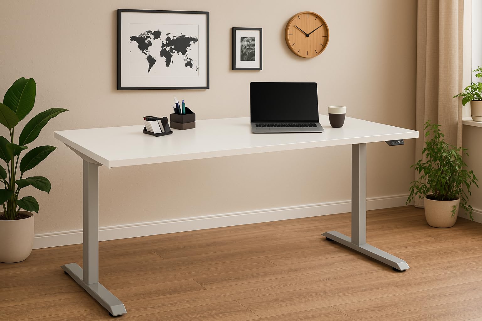 möbelando Schreibtisch >e-Desk< elektrisch höhenverstellbarer Schreibtisch in Weiß matt/Alu, Ergonomisch für gesundes Arbeiten, Stufenlos mit LED-Anzeige, Stoß- und Kratzfest, Made in Germany