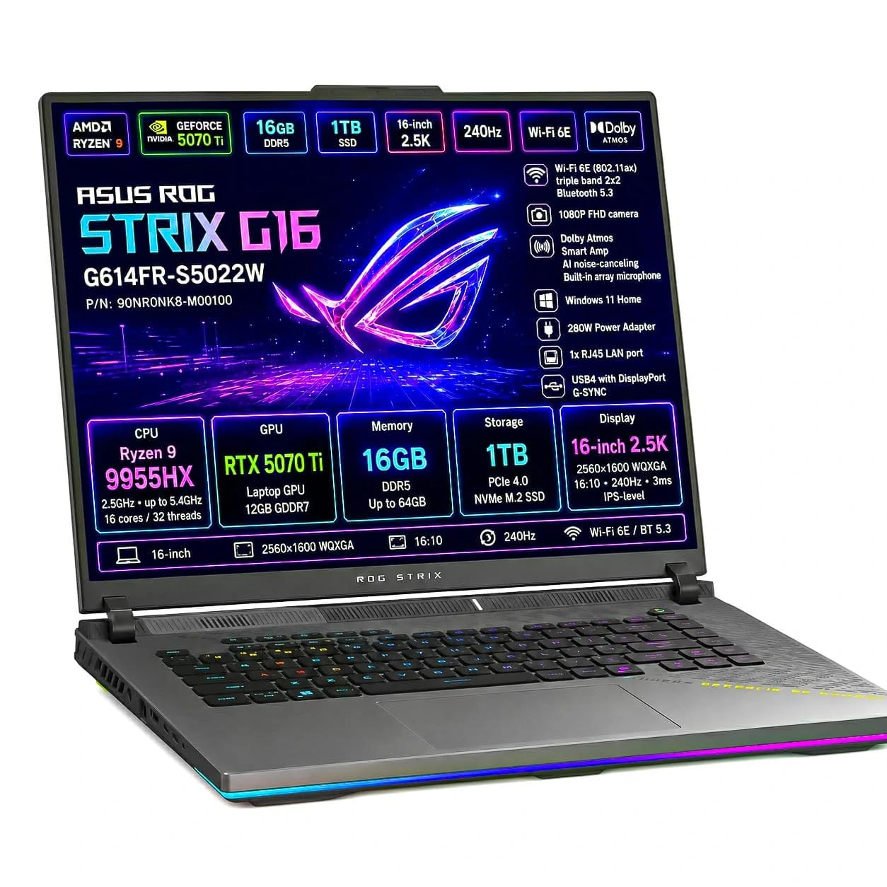 ASUS ROG Strix G16 G614FR-S5022W AMD Ryzen 9 9955HX 16GB NVIDIA GeForce RTX 5070 Ti SSD 1TB 16'' 2.5K WQXGA Win11 Home