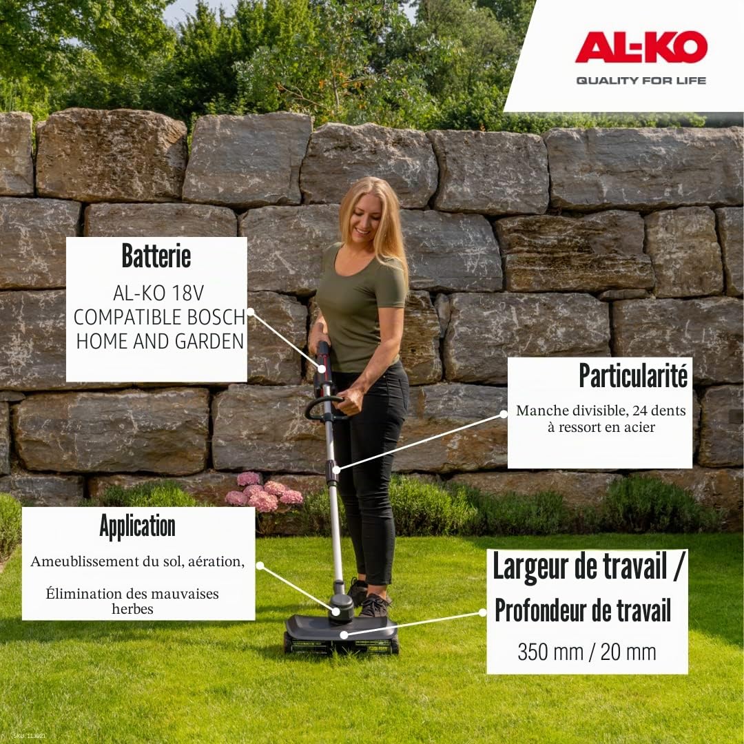 AL-KO 18 V BOSCH HOME AND GARDEN COMPATIBLE l´aérateur de gazon sans fil AR 1835 (Sans batterie et chargeur)