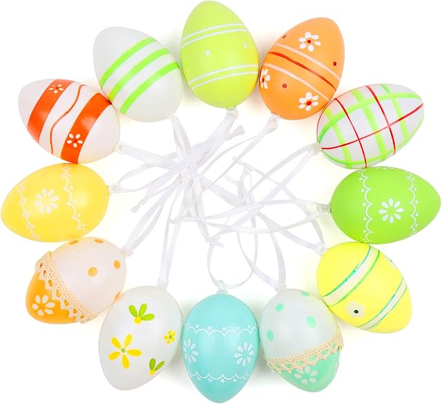 LOKIPA Easter Egg Hanging Ornaments 12 pcs, Plastic  Easter Egg Decorations for Tree Ornaments Decor
