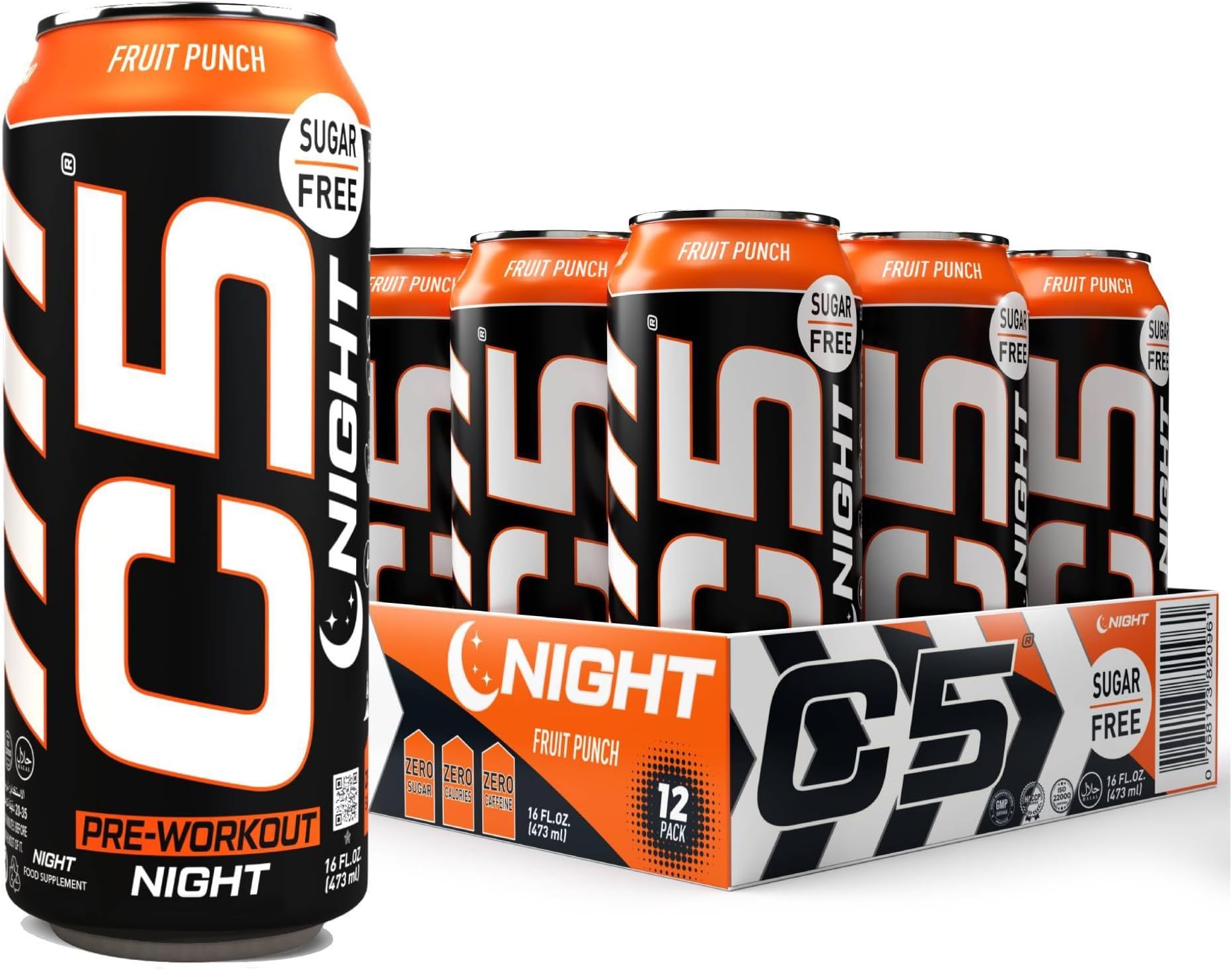 Drink Night Fruit Punch, Pre Workout, Zero Caffeine, Sugar Free, Zero Calories with Beta Alanine, L-Arginine 16fl.OZ, 473ml Caffeine Free Preworkout Pack of 12