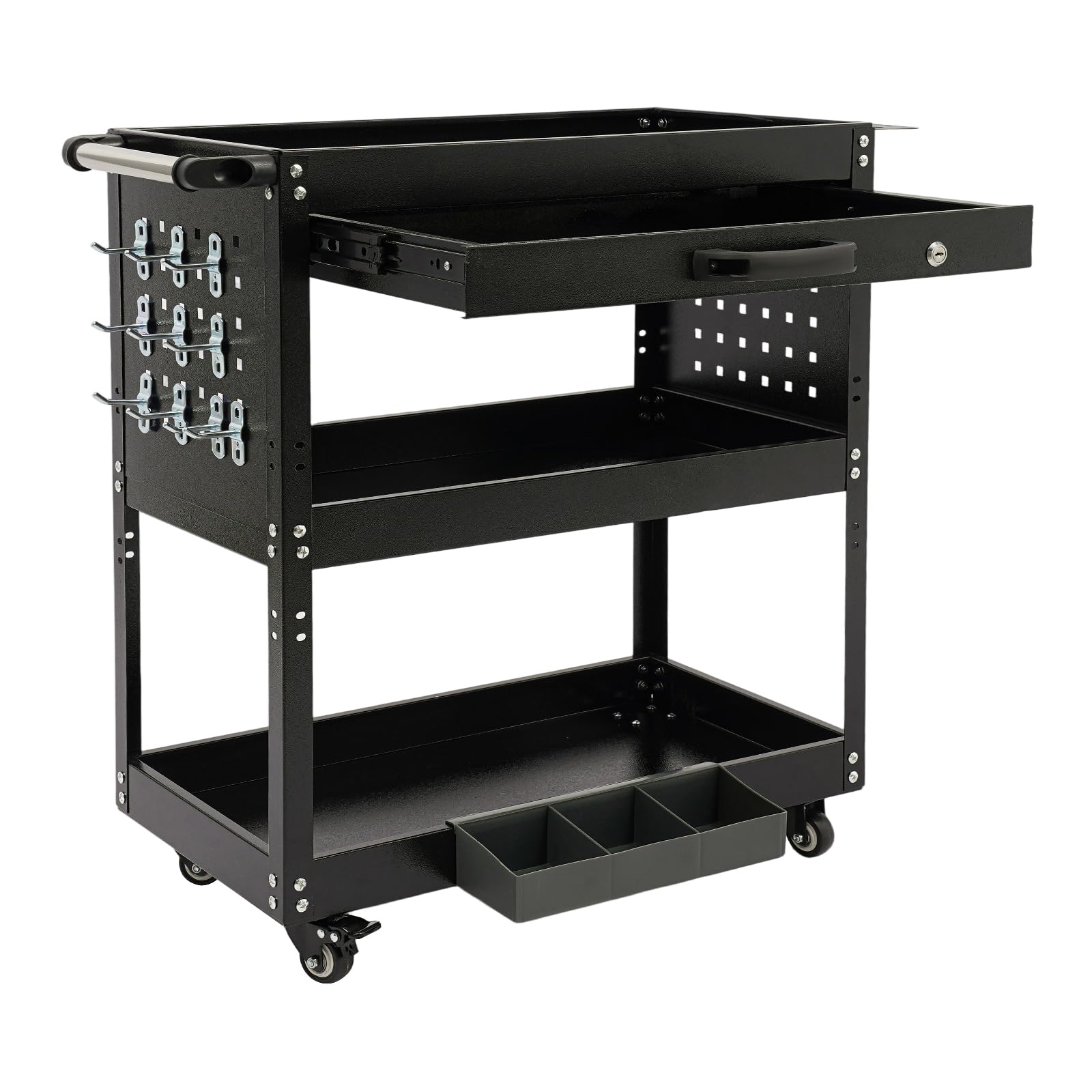 Carro de herramientas resistente, 3 niveles y 1 cajón con cerradura, agujero para colgar y caja de almacenamiento en el lateral, banco de trabajo con 4 ruedas (2 frenos), color negro