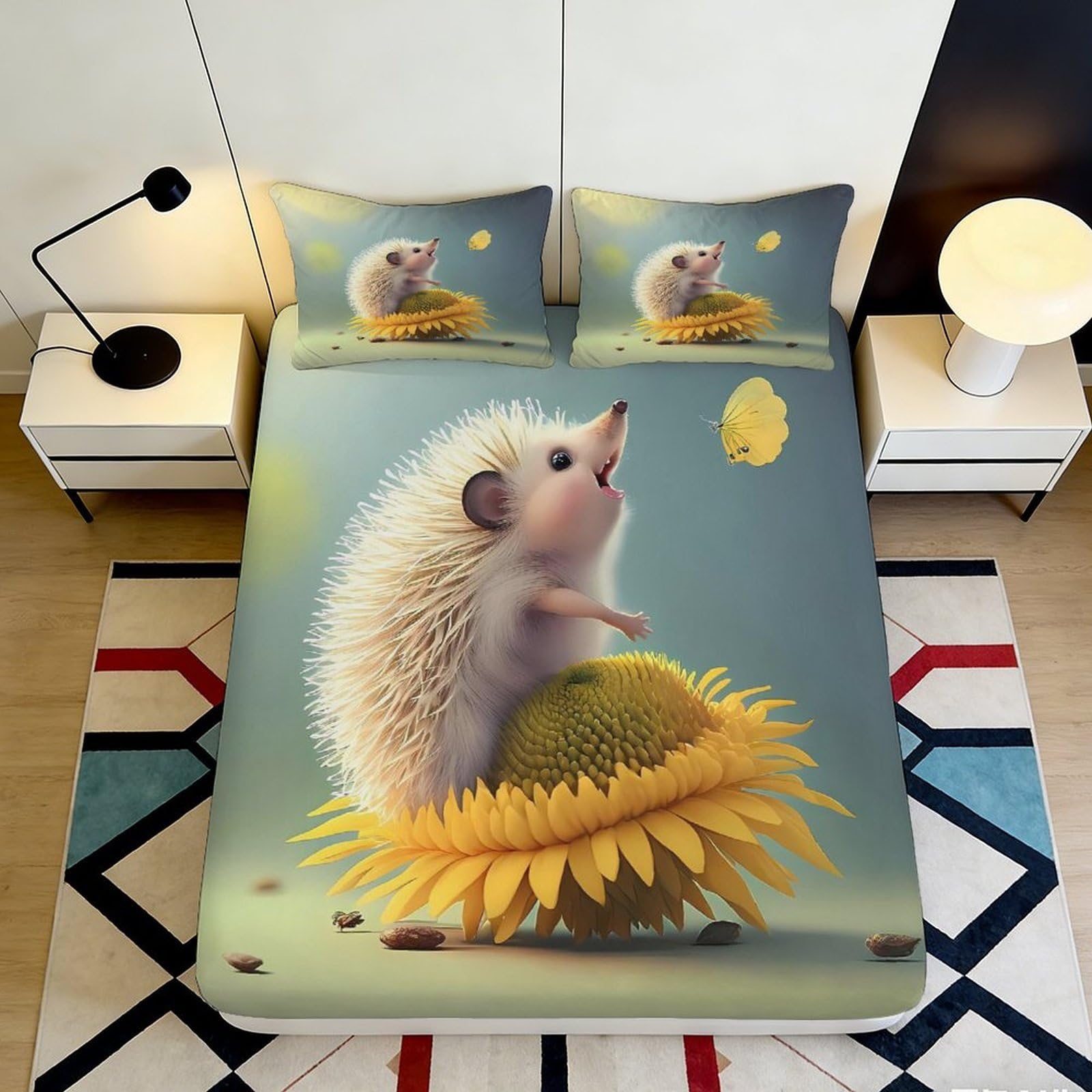 Pnayamiorkfel Style-7 3D Printed Hedgehog Sunflower Fitted Sheet Microfiber Soft Decorative Yellow Butterfly Mattress Cover For Bedroom Guest Room Decor 90X200x25cm