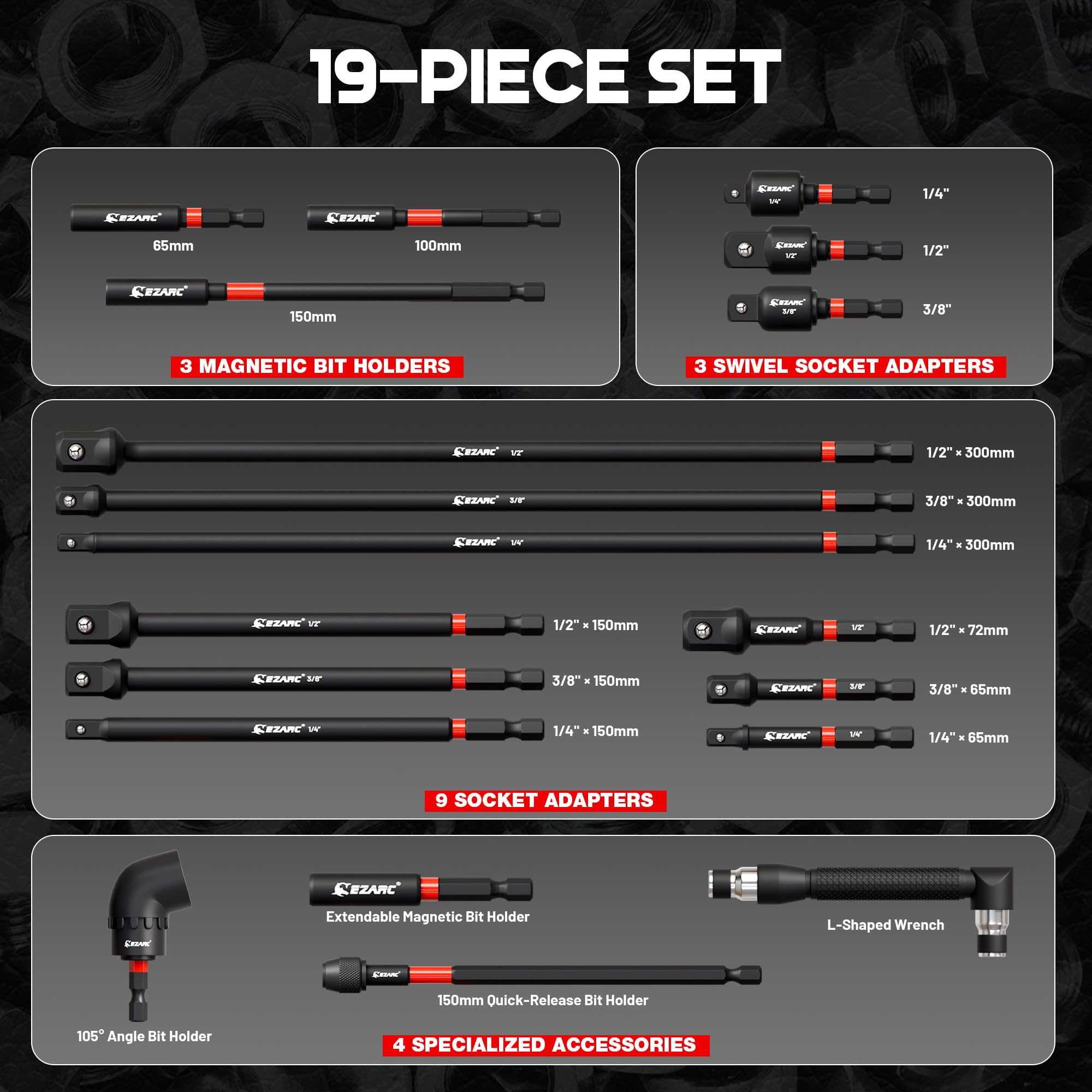 EZARC 19PCS Impact Socket Adapter Set with Extensions & Swivel Adapters — Amazon image 3