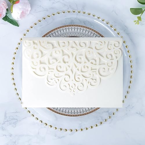 Vista 97 de ponatia 5.12 x 7.2 Invitaciones de boda de corte láser con purpurina negra, bolsillos de invitación triples cortados con láser con sobres