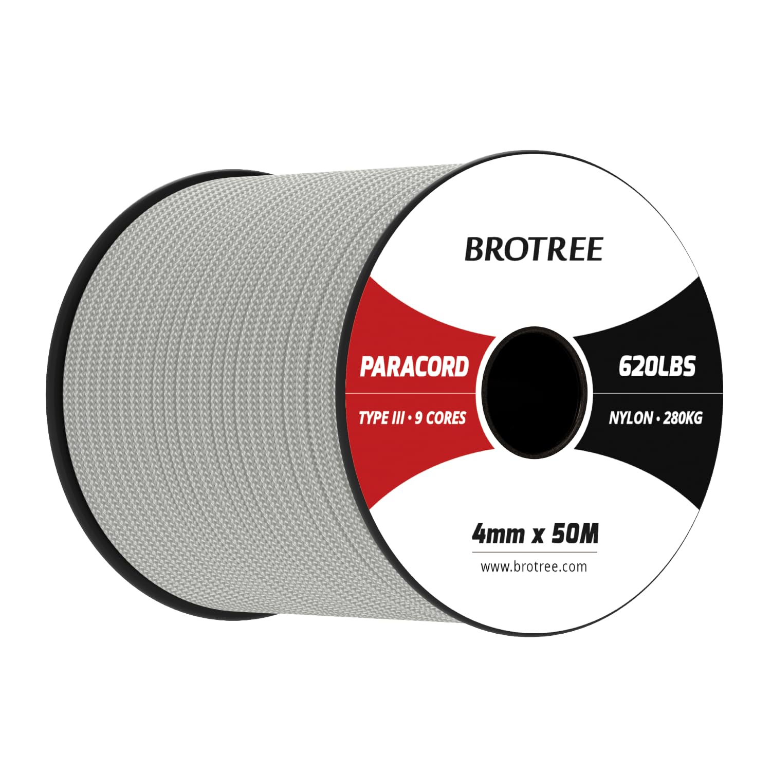 Brotree Paracord 4mm 50M 9 Strands 100% Nylon Rope Type 3 Parachute Cord for Outdoor, Bracelet, DIY - 280kg Breaking Load (Grey)