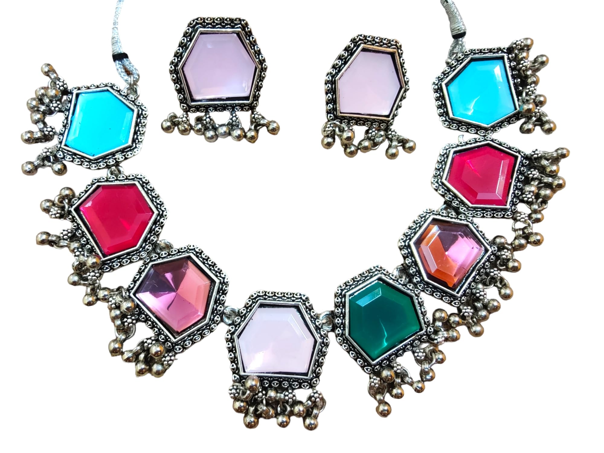 Swasti Mart Presents Stylish Hexagon Shape eight different Colour Stone Studded Oxidized Jewellery Necklace Set for Women & Girls.(necklace & earrings set 1) (Multi) (B0CCPG3K4S) Amazon Price History, Amazon Price Tracker