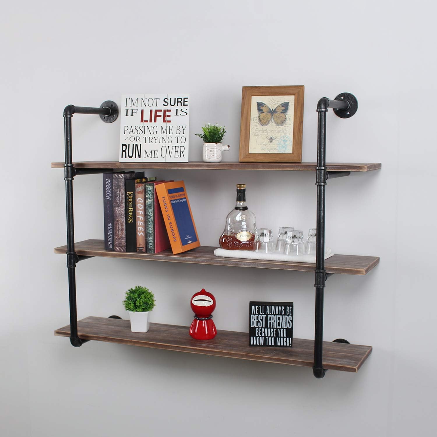 Buу 1 gеt 1 TOKIKA Industrial Floating Shelves with Wooden Shelves,3 Tiers Rustic Wall Mounted Shelf Bookcase,Iron Pipe Hung Bracket Bookshelf,DIY Storage Shelving Floating Shelves(48 inch)