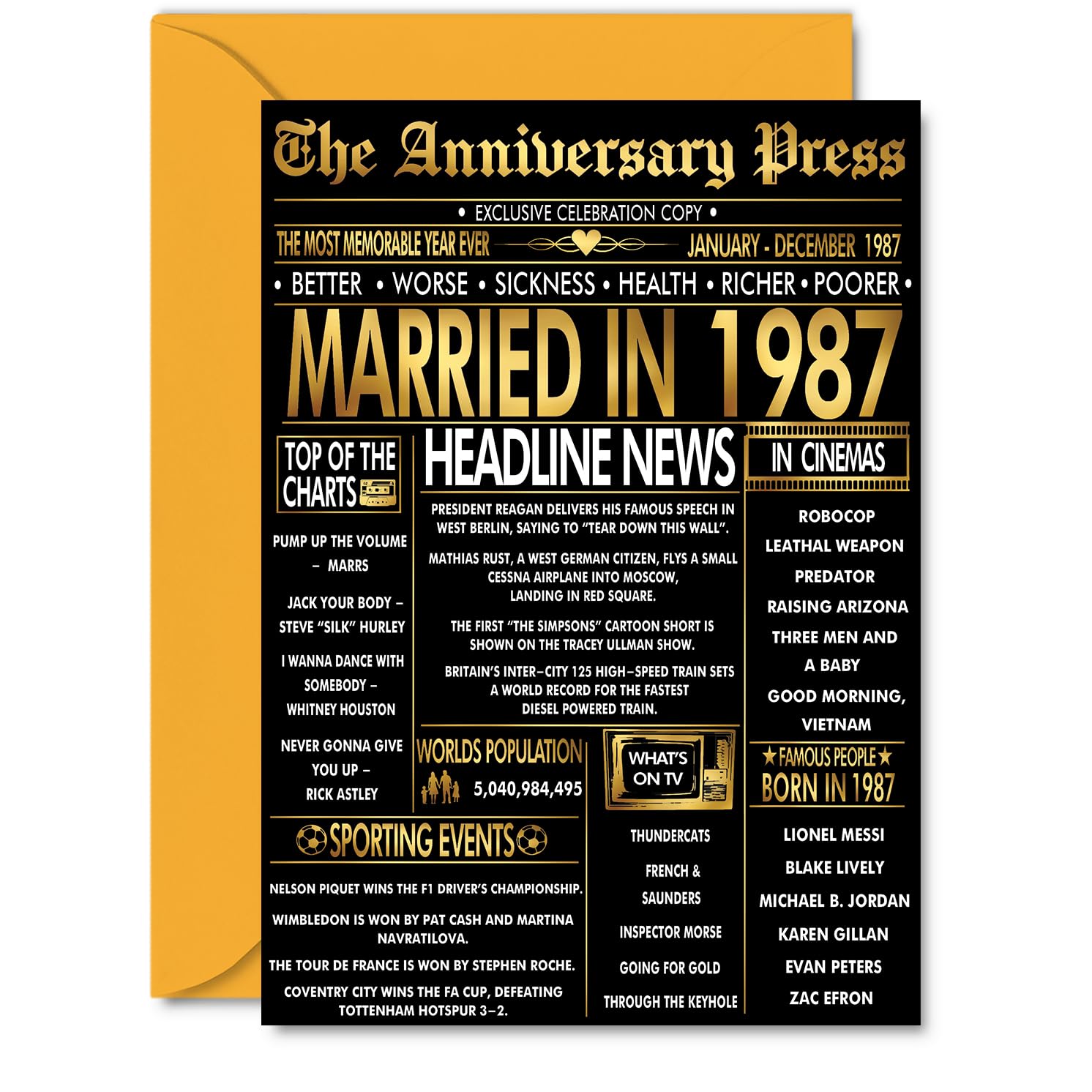 Gold 39th Anniversary Card for Men Women - Golden Newspaper Married in 1987-39 Year Wedding Anniversary Card for Wife Companion Husband Partner, A5 Anniversaries Greeting Cards