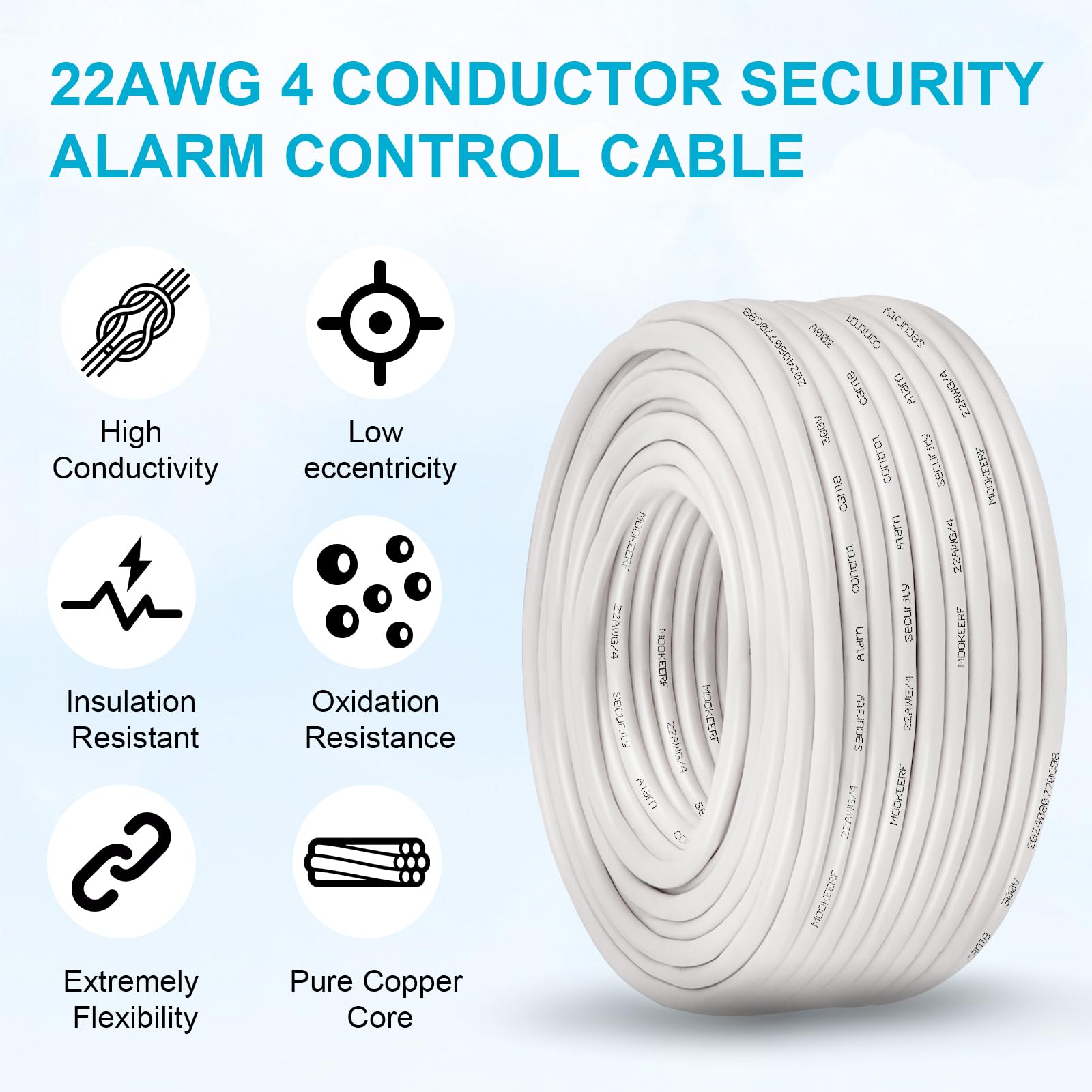 MOOKEERF Cable plenum blindado trenzado de 4 conductores de 22 AWG, 100 pies, 22/4, cable blindado blanco CL3P para seguridad, alarma, control de acceso, sonido