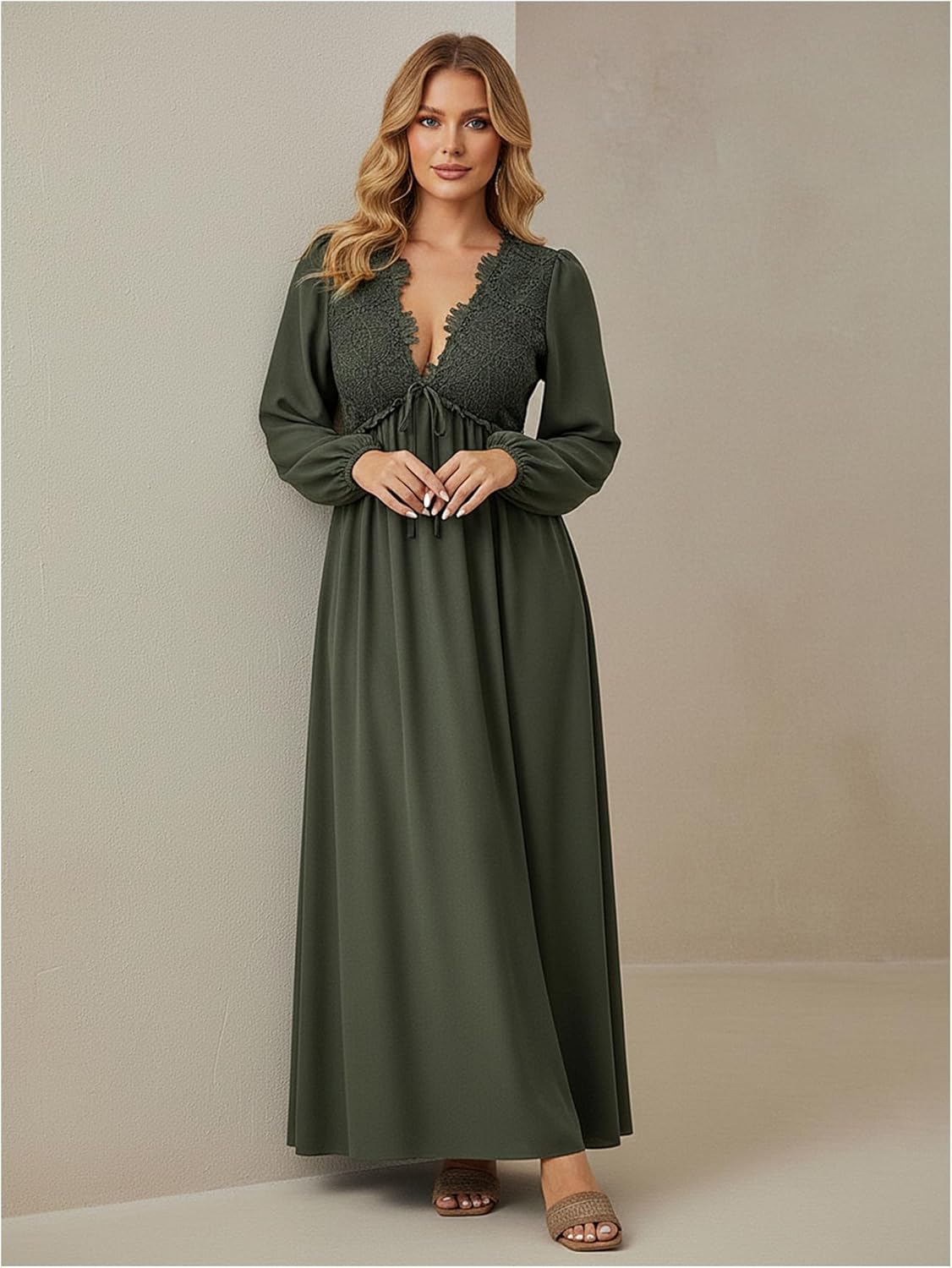 Women's Plus Size Lace Puff Sleeve Dress Tie Front Deep V Neck Split Flowy Maxi Wedding Guest Dresses