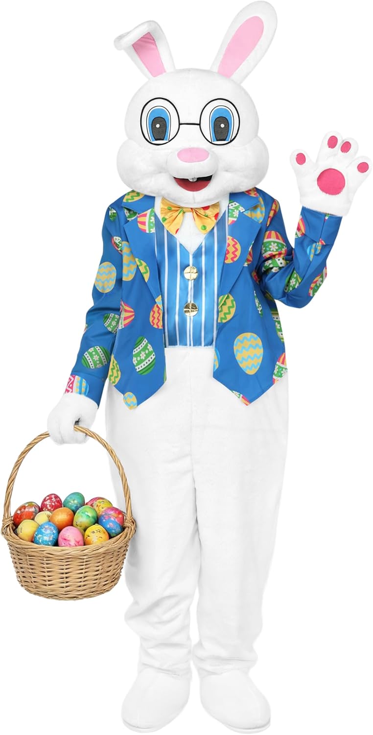 SOMSOC Easter Bunny Costume Adult Rabbit Mascot Onesie Outfit Deluxe Plus Size Bunny Suit for Men Women