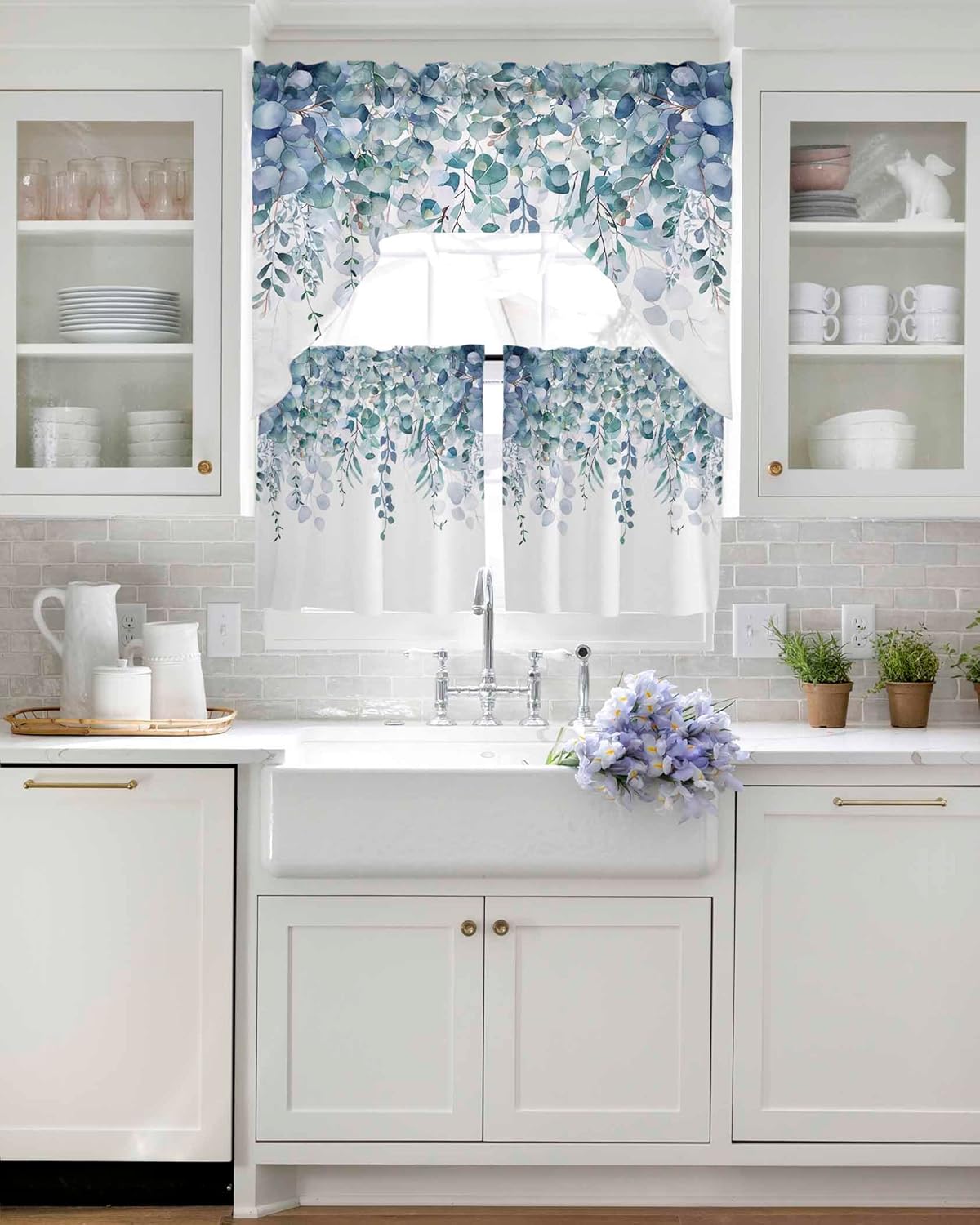 Spring Eucalyptus Leaves Swag Curtains Valance and Tier Set, Blue Floral Rod Pocket Curtain Drapes for Bedroom Bathroom Over Sink Kitchen Curtains 3 Piece Set Botanical Swag Valances and Tiers 24"