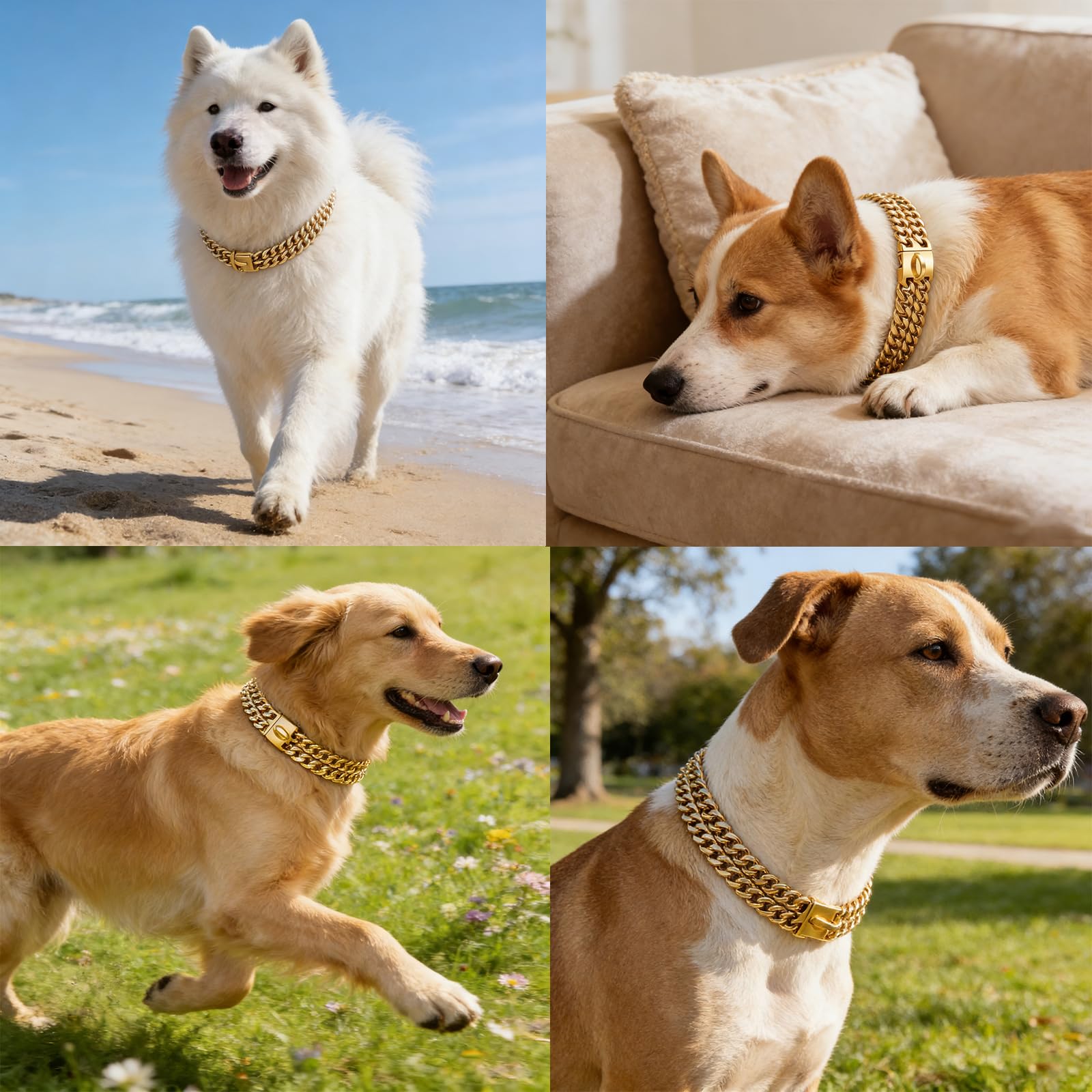 Collare per Cani a Doppia Catena, Collare a Strozzo a Catena in Acciaio Inossidabile Resistente con Maglia Cubana, Regolabile con Fibbia di Sicurezza di Design(Size:60cm/24in,Color:Oro)