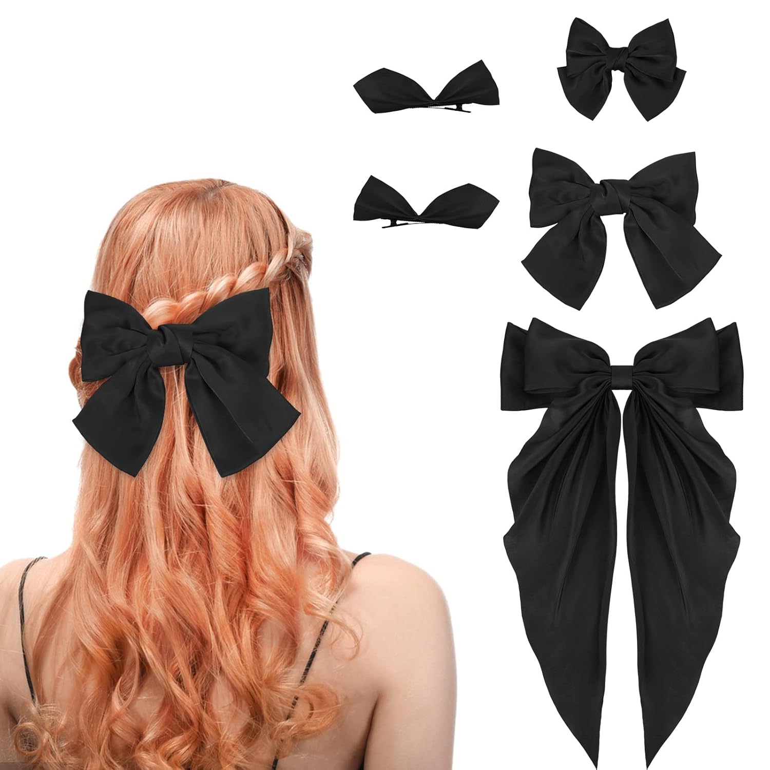 Yolev 5Pcs Bow Hair Clips, Black Hair Bows Long Tail Bows for Hair Silky Bow Hair