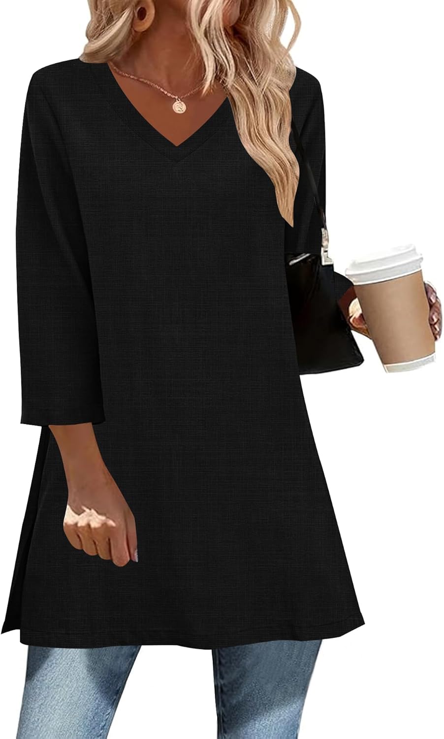 AKEWEI Womens Blouses Casual 3/4 Sleeve Tops for Women V Neck Tunics to Wear with Leggings Swing Flare