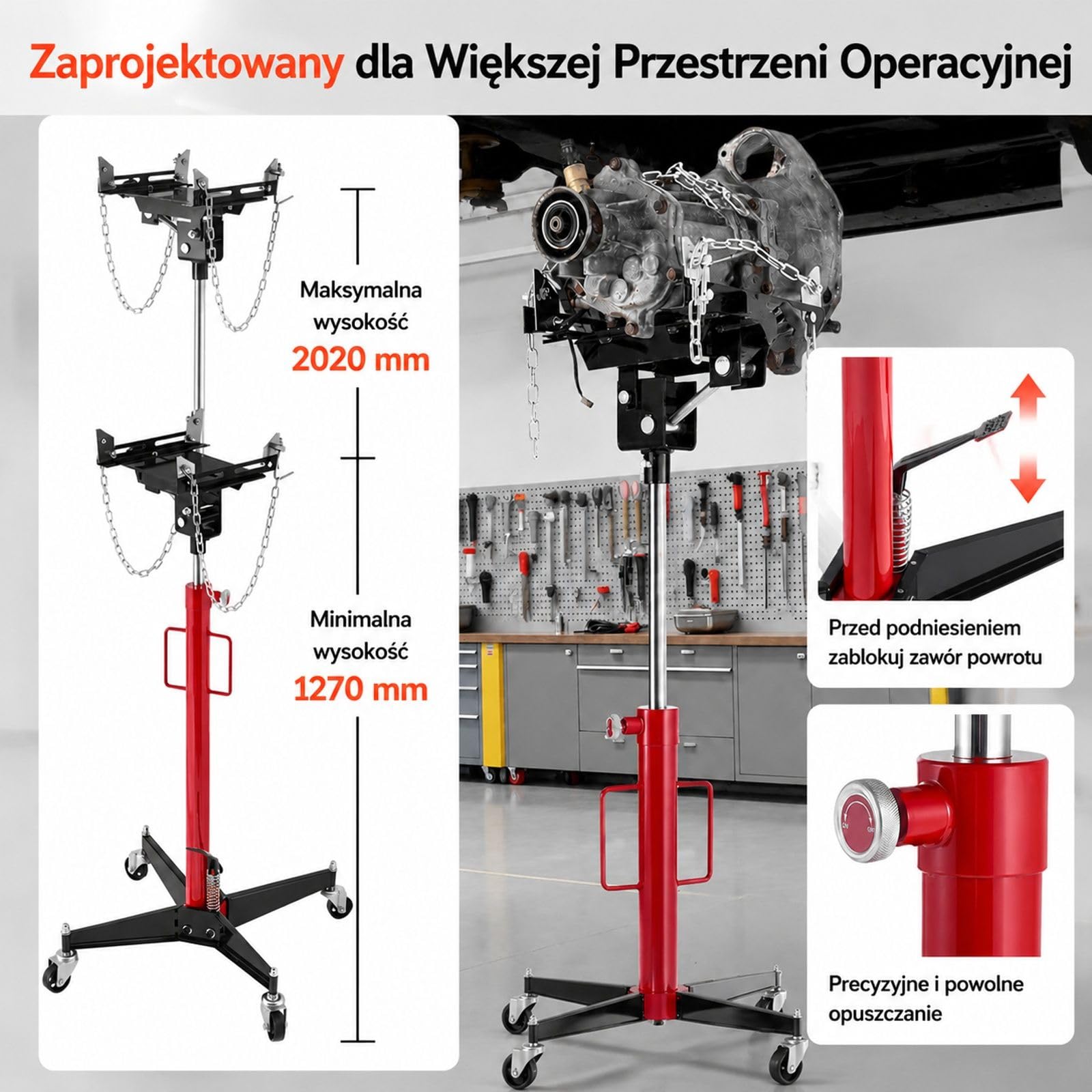 Hydrauliczny podnośnik skrzyni biegów, udźwig 500 kg, pedał nożny, koła obrotowe 360 stopni, rama X, czerwono czarny, do garażu warsztatu