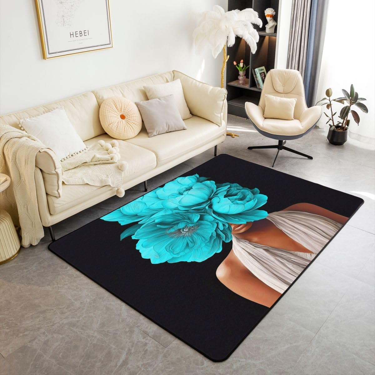Erosebridal Black African Area Rug 5X7,Turquoise Teal Living Room Rugs,Fashion Flower Decorative Carpet Modern Aesthetic Room Decor Indoor Floor Mat